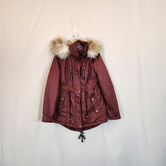 AMERICAN RAG Burgundy Red Hooded Parka Pockets Faux Fur Winter Womens Small S - Picture 1 of 12